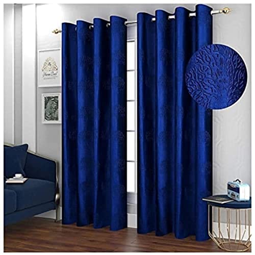 Image of Polyester Premium Tree Design Punching Screen for Home Office | Room Darkening Long Door Curtains 9 Feet Long Set of 1 | Modern Parda for Living Room and Bedroom | Navy Blue Curtains