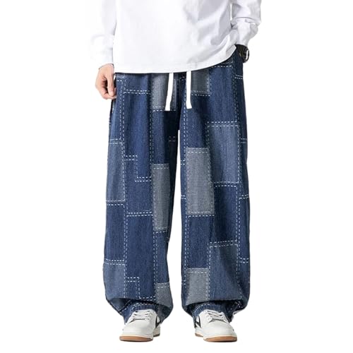Japanese Men Jeans Autumn Vintage Patchwork Hip Hop Denim Pants Male Straight Loose Baggy Cowboy Trousers