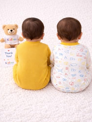 Image of Kidbee Baby Cotton Romper Pack of 2 | 100% Soft Cotton Hosiery | Front Open Snap Buttons | Full Sleeve Footed Sleepsuit | Newborn Baby Clothing Set