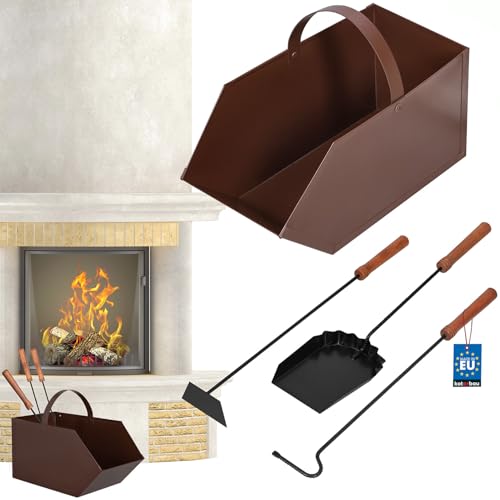 KOTARBAU® Kit de 4 accesorios para chimenea, 4 herramientas: pala, atizador, rascador y recipiente para cenizas, Utensilios de metal con mango de madera, Cubiertos de estufa, barbacoa, Color negro