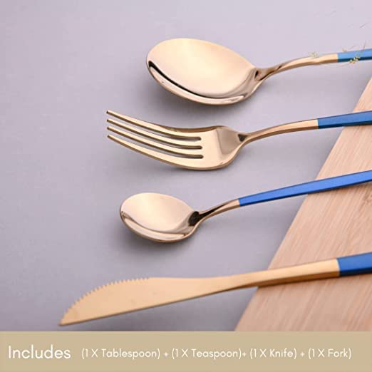 Image of aDai Premium Gold SUS304 Stainless Steel Cutlery Set - 8 Spoons, 4 Fork, 4 Steak Knife - Mirror Finish Dinnerware Flatware (Blue - Set of 16)