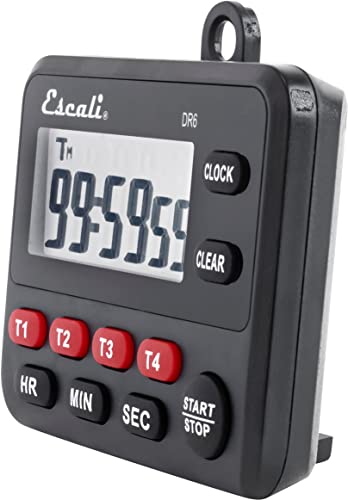 San Jamar Escali Four Channel Digital Kitchen Timer – TMDGTE - Digital Timer for Restaurants, Catering, Multi-Tasking, Kickstand Display, Stopwatch & Clock, 19hr 59min Max, Battery Operated