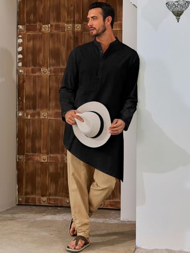 Runcati Mens Kaftan Robe Thobe Cotton Long Sleeve Henley Shirt Casual Muslim Gown Kurta Tops4