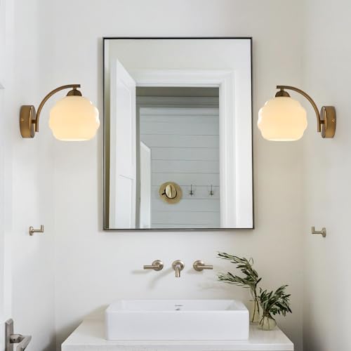 Image of Milk Glass Wall Sconce Brushed Gold Wall Sconce Globe Set of 2 | Mid Century Wall Mounted Light Modern Bathroom Sconces Wall Lighting Bathroom Wall Lamp (bulb not included)