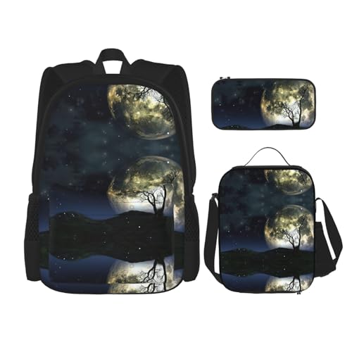Lot de 3 sacs à dos d'école assortis Galaxy Moon avec motif univers imprimé résistant