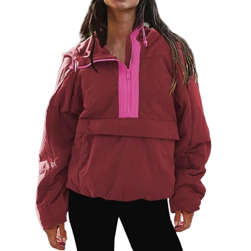 Pullover Puffer Jacket Womens Long Sleeve Half Zip Hooded Coat Drawstring Casual Loose Jacket Lightweight Hoodies