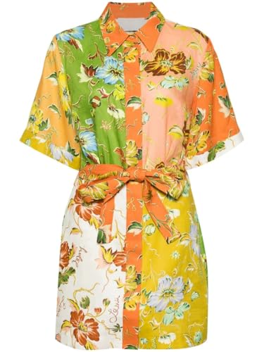 Vestidos florales de manga corta para mujer, vestido de verano vintage bohemio con estampado de graffiti, vestido camisero midi colorido con cuello polo abotonado con cordones, vestido de verano