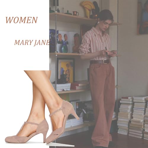Women Kitten Heels Mary Jane Pumps Shoes Ankle T-Strap Closed Round Toe Sandals Heeled Cut Out Suede Mary Janes Dress Shoe Mid Thin Heel Patchwork Office Ladies Wedding Party Dance 4-11 M US3