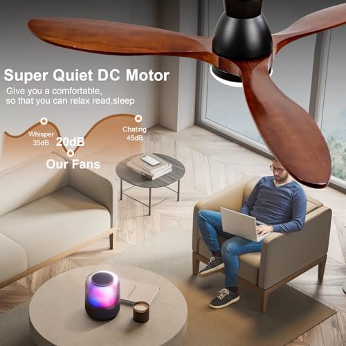 Image of Dimmable 52 Inch Flush Mount Ceiling Fans with Lights and Remote, 3 Blade Wood Bedroom Ceiling Fan with Lights Low Profile Ceiling Fan with Light Black Outdoor Ceiling Fans for Patios Living Room