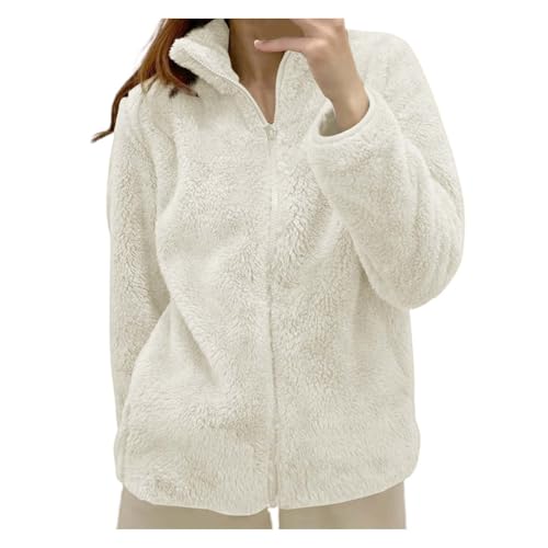 Chaqueta de forro polar para mujer, cuello alto, forrada de peluche, chaqueta de forro polar, chaqueta de punto monocolor, chaqueta holgada con cremallera, A1-blanco., S