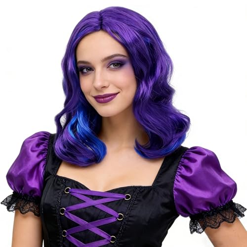 SAIIURV Perruque Femme Longue Bouclée Perruques Violette Perruque de Sorcière Accessoire de Costume de Sorcière pour Halloween Carnaval Fête (Violet)