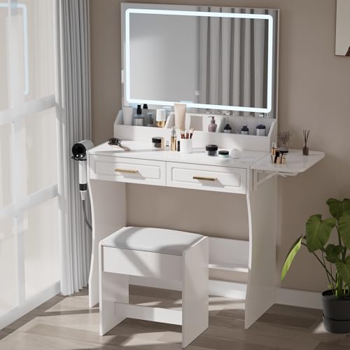 Homesflex Holiday Glam Makeup Vanity Set with LED Lighted Mirror, Drawers & Stool – Modern White Beauty Desk, Bedroom & Dressing Room Storage by Homesflex - Used condition - US$81.84