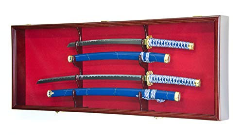 2 Sword Display Case Cabinet Stand Holder Wall Rack Box - Lockable w/ 98% UV Protection -Cherry
