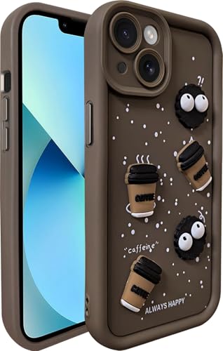 Image of SHINESTAR Back Cover for iPhone 13 /14 - 3D Cartoon Coffee & Eyes Design | Soft Silicone Shockproof Case with Full Camera Protection | Cute & Playful Phone Cover - Brown