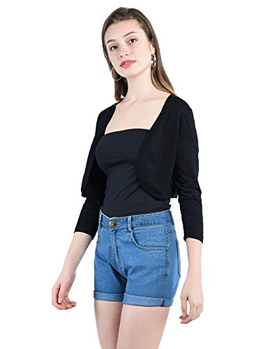 Image of PepTrends Women's Knitted Open Neck Three Fourth Sleeves Shrug(Black, Medium)