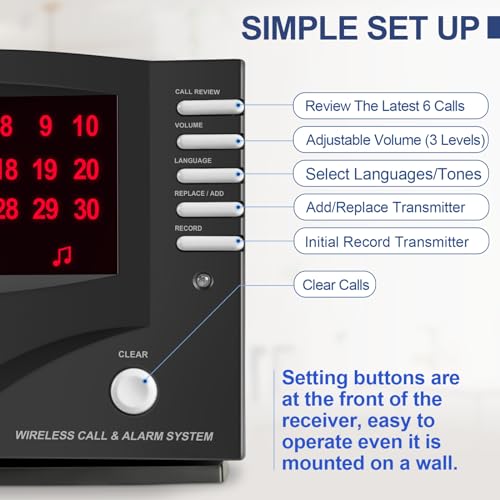 SYNLETT Wireless Calling System Nurse Call System Caregiver Pager for Restaurant Clinic Nursing Home 7 Languages 8 Alert Tones, 10 Call Buttons and 1 Monitoring Unit for Patients Seniors Customer