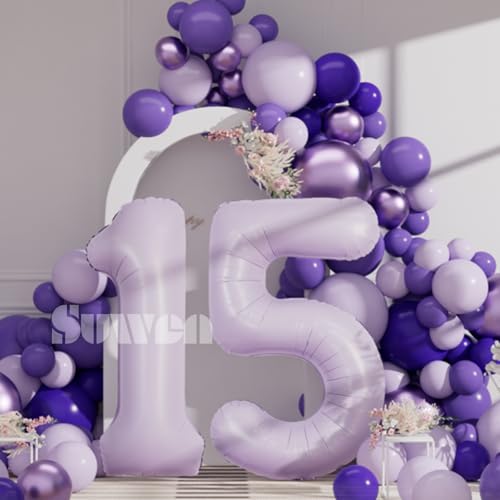Image of SUWEN 40 Inch Light Purple Large 15 Balloon Number Big Foil Helium Lavender Number Balloons Huge Mylar 0-9 Giant Jumbo Happy 15th Birthday Party Anniversary Decorations