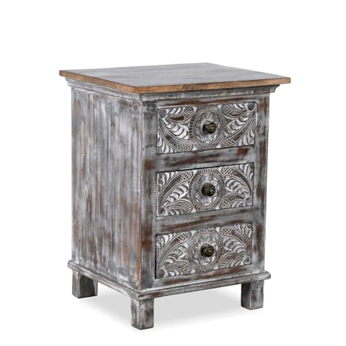 Image of Wooden Bedside Table for Bedroom | Solid Wood Seri Bedside Table with Drawers | Corner Side Table for Living Room | Traditional Handcrafted Furniture for Home Decor (Dark Grey Distress)