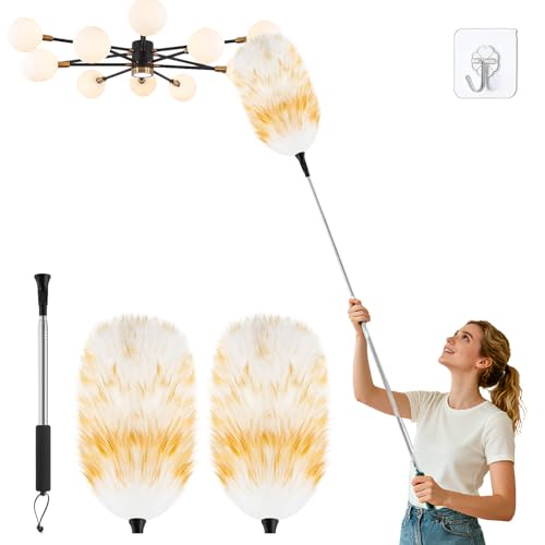 Nicemiya 190cm Lammwolle Staubwedel Teleskop - Ausziehbar bis 190cm für Hohe Oberflächen und Empfindliche Einrichtungen, Waschbar & Kratzersicher（1 Lammwolle Staubwedel + 1Ersatzkopf）