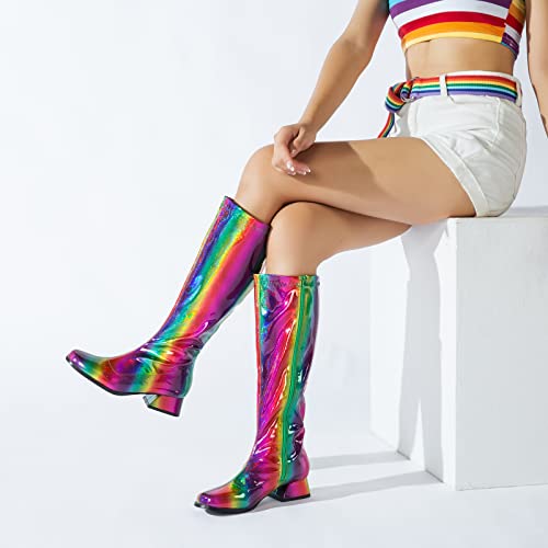 Enelauge Women's Go Go Boots Over The Knee Block Mid Heel Boots Square Toe Zipper Party Dance Shoes Multicolour 37-7.5 Us #TOP1
