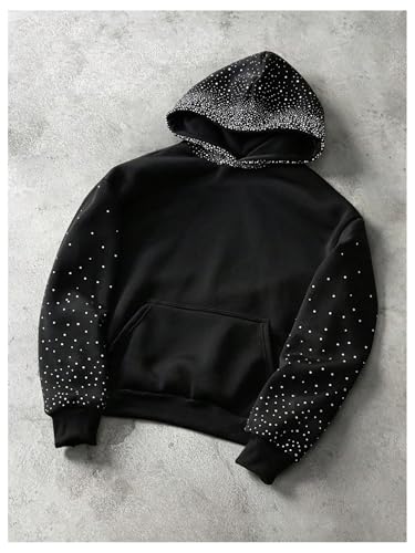 Verdusa Men's Rhinestone Hoodie Streetwear Pullover Sweatshirts with Pockets3