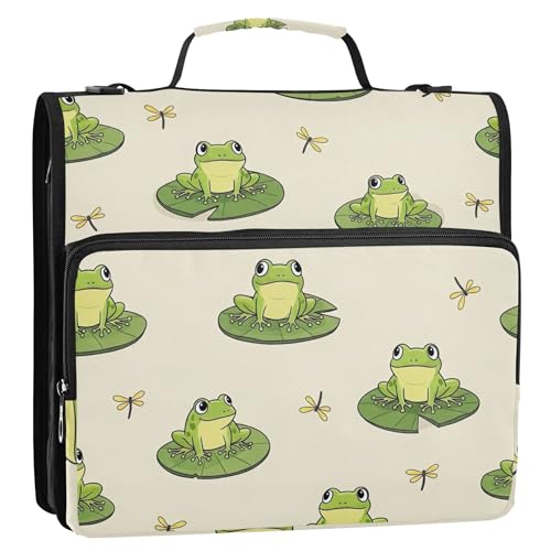 漫画の緑のカエルの夏 1.5インチ 3リングバインダー 高耐久 バインダー ジッパーオーガナイザー バインダー ショルダーストラップ付き 学校用 マルチポケット 大きなポートフォリオフォルダー