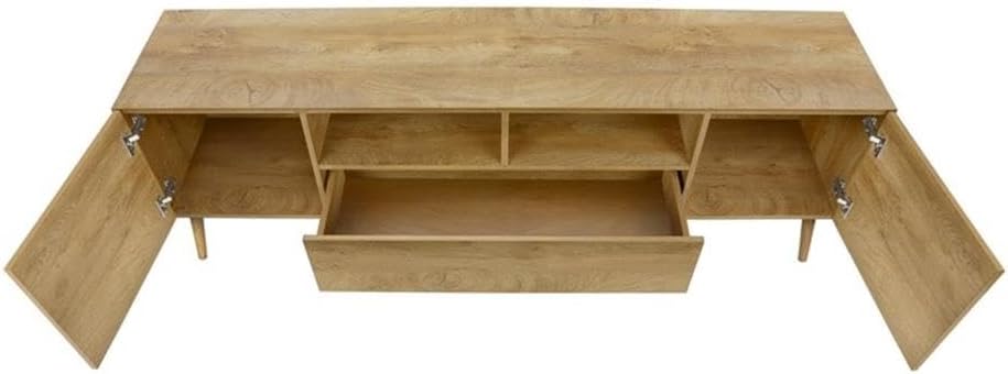 Pemberly Row 72" Walnut Laminate TV Stand, Grooved Cabinets and Drawer, Solid Wood Legs, 71" L x 16" W x 23.75" H, Mid-Century Style Media Console with Storage for Living Room