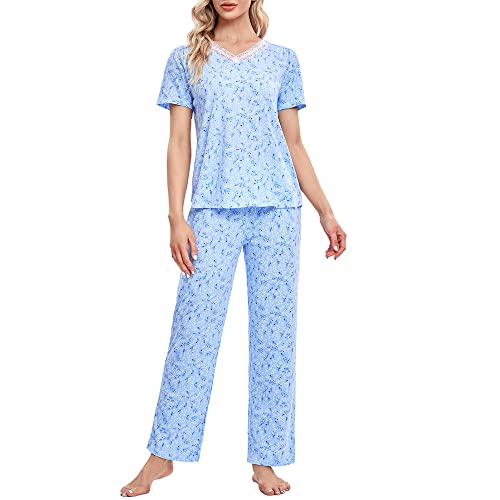Pyjama en coton bleu contre la chaleur nocturne avec pantalon long et manches courtes