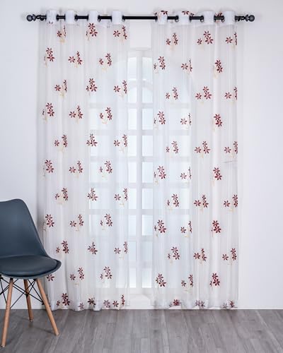 Image of (7 ft Sheer Tissue with Embroidery 3 Flower Design|Grommet Curtains Window Long Curtain|Tissue Fabric Window Curtain (Maroon & Golden)|for Home|(Pack of 2)|213 L X 121 W cm