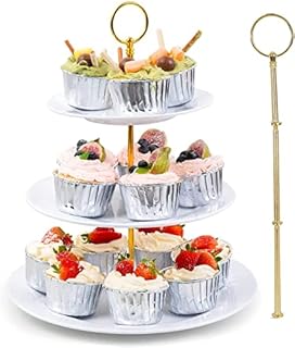 SIGMAPLUS 3 Tier White Ceramic Cake Stand Porcelain Round Display Platter | Food Fruit Cupcake for Tea, Party, Gathering | Elegant White Dessert Serving Rack with Gold Handle Tray Platter