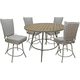 Pemberly Row 5-Piece Outdoor Indoor Patio Dining Set, Powder Coated Aluminum Frame, White Linen Beige Finish, Removable Machine Washable Cushions, Round 42-Inch Table, Swivel Chairs, PE Wicker Back