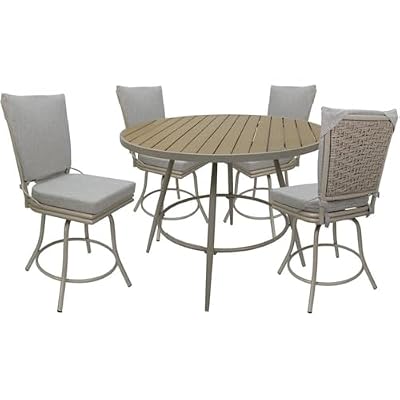 Pemberly Row 5-Piece Outdoor Indoor Patio Dining Set, Powder Coated Aluminum Frame, White Linen Beige Finish, Removable Machine Washable Cushions, Round 42-Inch Table, Swivel Chairs, PE Wicker Back