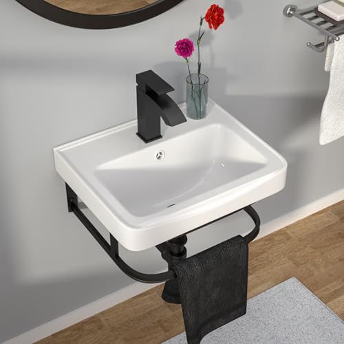 Kichae Wall Mount Hang Small Vessel Sink - 17" x 14" Bathroom Sink Modern Floating Bathroom White Porcelain Ceramic Vessel Vanity Sink with Towel Rack