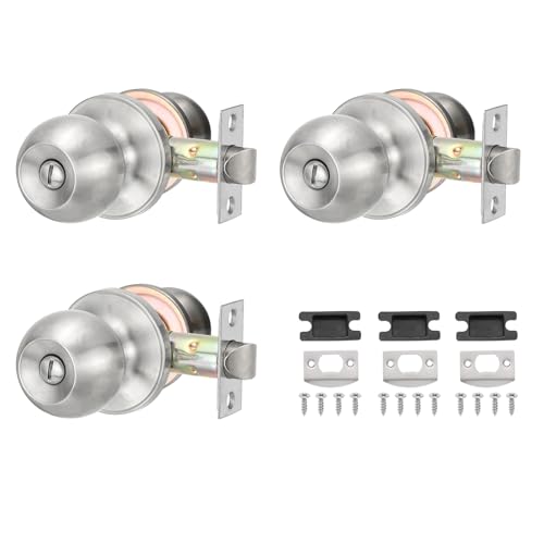 PATIKIL Privacy Keyless Door Knobs Interior, 3 Pack Round Stainless Steel Bedroom Bathroom Door Knob with Lock Entry Indoor Outdoor Door, Silver