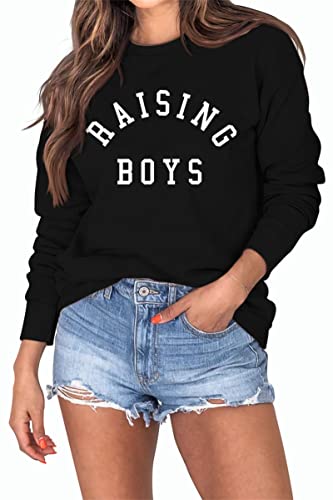 Image of SHAGMTLI Raising Boys Gift Sweatshirt for Mom, Women Funny Saying Graphic Sweatshirt Long Sleeve Lightweight Pullover Top