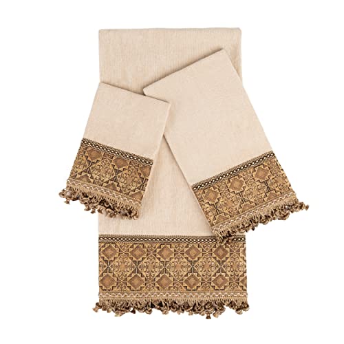 Sherry Kline Agrabah Wheat 3-Piece Decorative Towel Set, Earth-Tone Color Jacquard Fabric Band, Gimp Braid & Onion Fringe, Includes 1 Bath, Hand & Tip Towel Spot Clean Recommended. Ideal Gift For All #TOP1