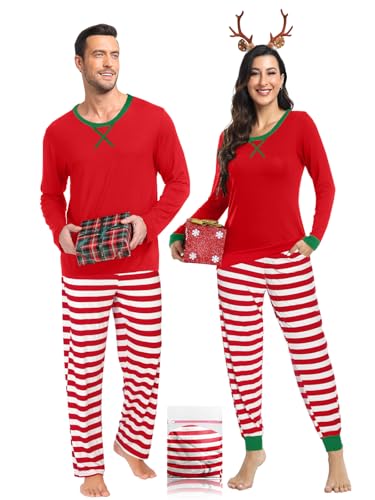 Matching Couple Pajama Set Winter Christmas Modal Sleepwear with Pockets Loungewear Set Red & Green Stripe 2XL