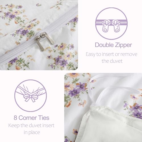 MOVE OVER Lavender Floral Duvet Cover Queen Size, 100% Cotton Duvet Cover Set with Zipper Closure & Corner Ties, Soft Breathable Delicate Bouquet Floral Bedding Set for All Seasons by MOVE OVER - Used condition - Image 5