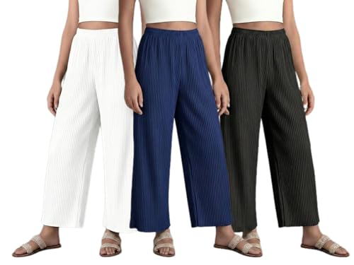 Image of Set of Combo Trouser and Pants for Girls and Women's Relaxed Fit Stretchable Regular Fit Palazzos Lightweight Elastic Waistband Bottoms for Daliy Office & Casual Wear