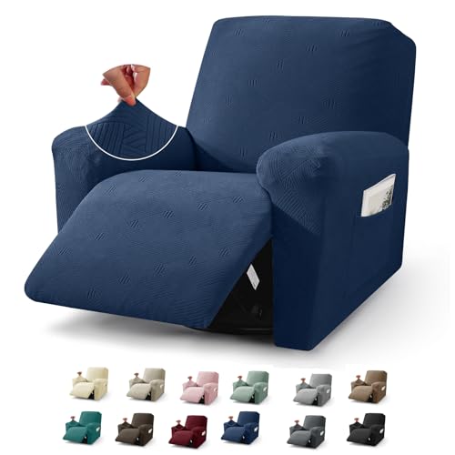 JIVINER Recliner Chair Covers, Jacquard 3 Piece Slipcovers for Recliner Chair Soft Stretch Lazy Boy 1 Seater Reclining Protector with Pockets (Recliner, Navy Blue)