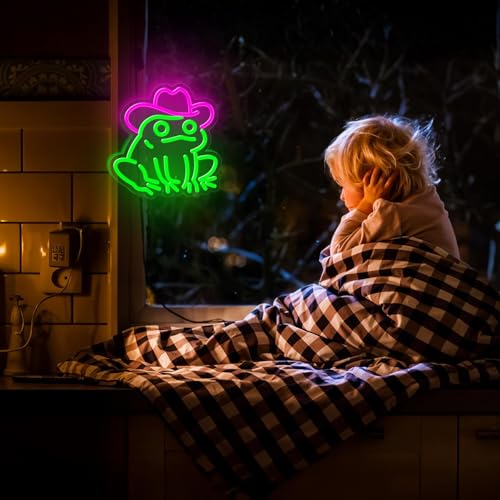 Image of Frog Neon Sign for Wall Decor,Dimmable Frog with Cowboy Hat Neon Light,Pink Green Animal Light Up Signs for Bedroom Party Bar Background Christmas Gifts Decorations