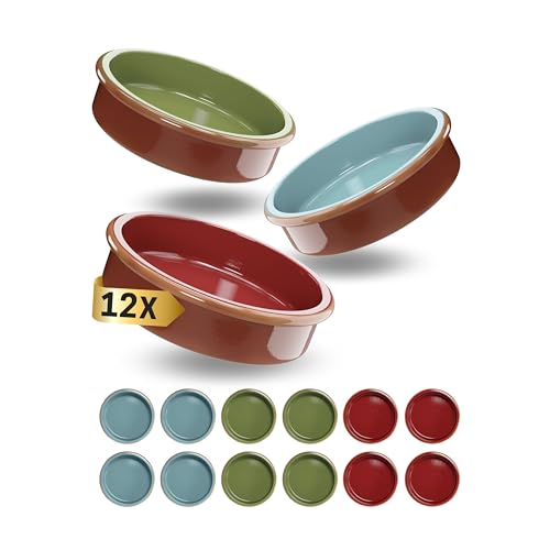 ToCi 12 cuencos coloridos para tapas de 11,5 cm de diámetro, cuencos de arcilla española de 175 ml, para tapas, aperitivos, crema brûlée y platos de horno