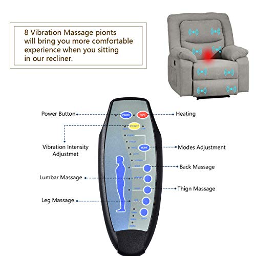 Power Recliner Chair with Heat and Massage, Electric Recliner Chairs Sofa with USB Charge Port for Adults, Fabric Recliner Chair for Bedroom, Living Room and Home Theater Seating (Gray) - Thumbnail 6