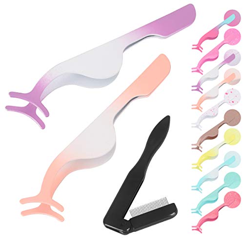 SENXILLER Eyelash Comb Metal Teeth and Folding, False Eyelash Applicator Tool Extension Tweezers Remover Clip Tweezers Nipper (Purple & Orange)