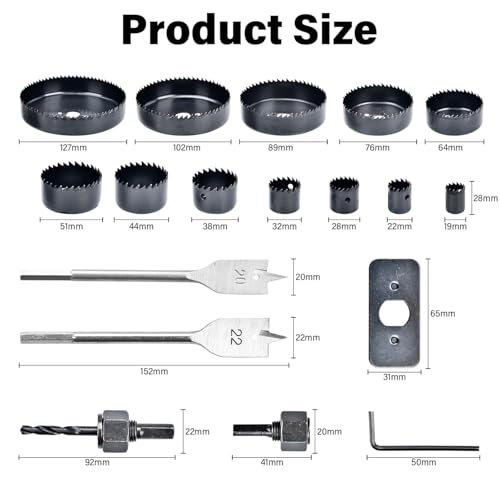 JACMKEON 18 PCS Hole Saw Sets, 19-127mm Carbon Steel HoleSaw Sets,Bi-Metal Hole Saw Equipped with a Hexagonal Wrench and Drill Bit for Wood PVC Board Soft Metal Cutting Plastic 2 JACMKEON 18 PCS Hole Saw Sets, 19-127mm Carbon Steel HoleSaw Sets,Bi-Metal Hole Saw Equipped with a Hexagonal Wrench and Drill Bit for Wood PVC Board Soft Metal Cutting Plastic - Image 2