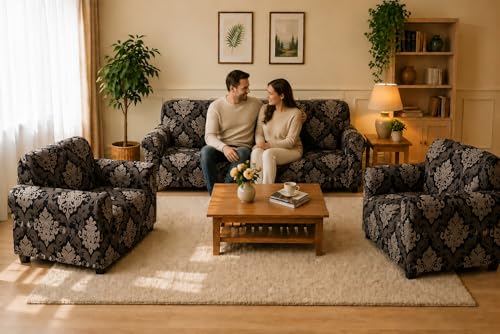 Image of Gifts Island Sofa Cover 3 Seater and 2 Seater Fully Covered Universal 5 Seater Sofa Cover Non-Slip Sticky Elastic Stretchable Sofa Set Slipcover Protector for (3+1+1 Seater), Brown Damask