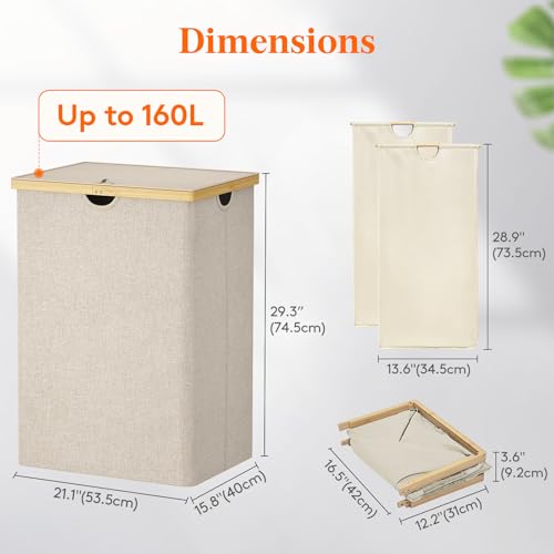 Lifewit 160L Double Laundry Hamper with Lid, Extra Large Bamboo Laundry Basket Dirty Clothes Hamper, 2 Section Laundry Bin Organizer for Laundry Room Bedroom with 2 Removable Liners & Bags, Beige - Cosy Home Interiors Lifewit 160L Double Laundry Hamper with Lid, Extra Large Bamboo Laundry Basket Dirty Clothes Hamper, 2 Section Laundry Bin Organizer for Laundry Room Bedroom with 2 Removable Liners & Bags, Beige - Image 4