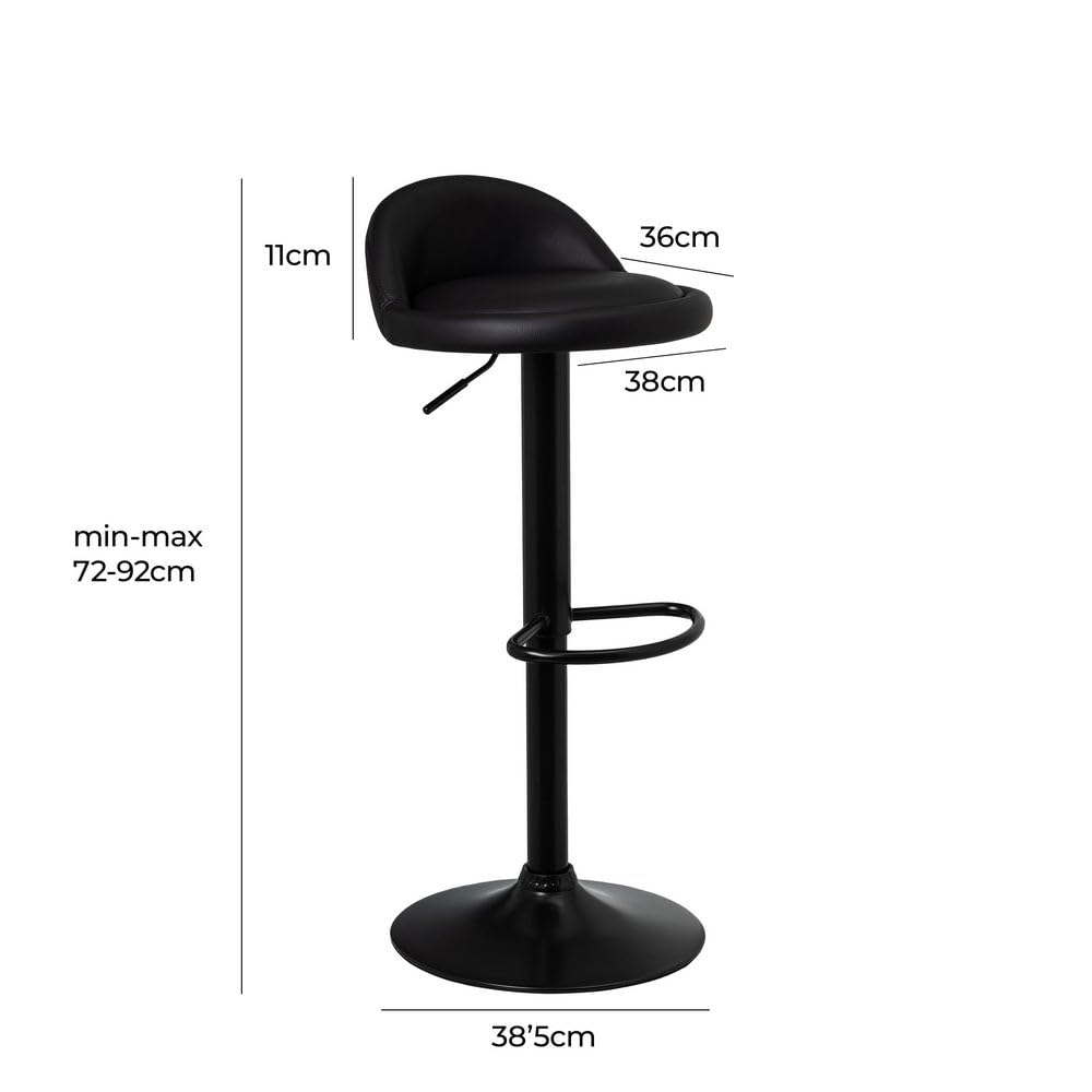 Taburete alto de cocina regulable en altura negro con respaldo bajo | Asiento redondo y respaldo bajo acolchados y tapizados en polipiel. Altura ajustable de 72 a 92 cm. Resiste hasta 120 kg