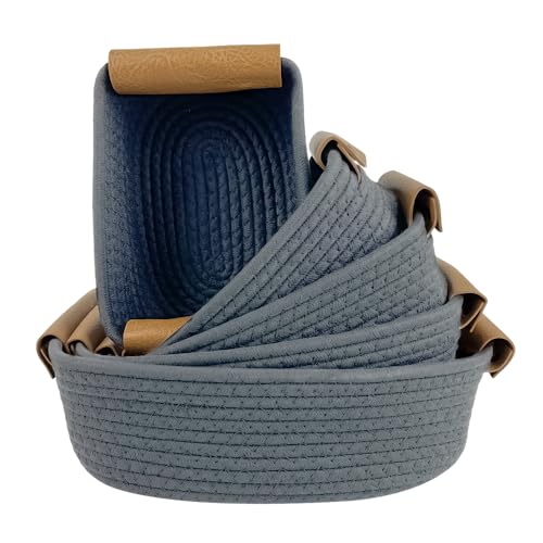 Image of 5-Piece Woven Rope Storage Basket Set - Sturdy cotton rope basket Organizer Bins for Shelves, Pantry, Bathroom, Nursery & Bedroom Decor Grey Basket