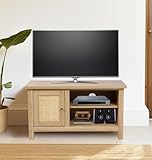 Hallowood Furniture Newquay Oak Effect Small TV Stand with Rattan Front, Wooden TV Stand Cabinet, TV Cabinet with Storage, TV Stand Furniture for Living Room & Bedroom